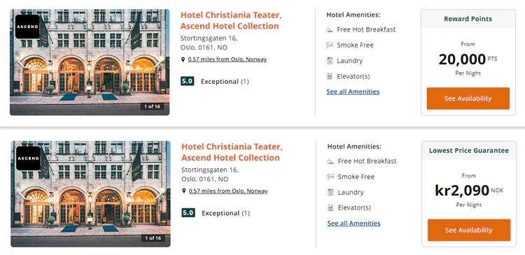 用 Choice Privileges 积分兑换奥斯陆酒店,现金价格与积分对比 用 Choice Privileges 积分兑换奥斯陆酒店,现金价格与积分对比