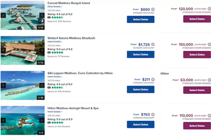 马尔代夫酒店，判断希尔顿积分价值以及买分入住合不合算