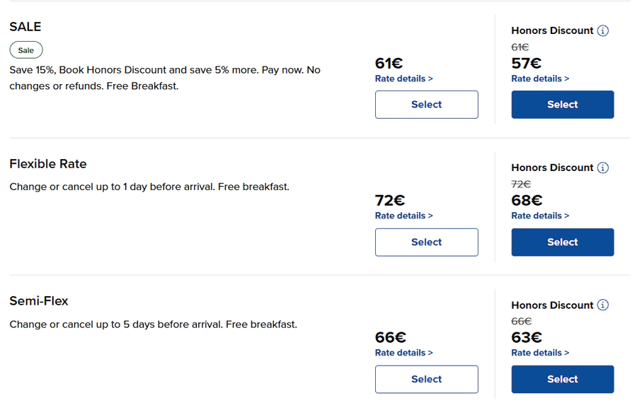 希尔顿欧洲、中东、非洲酒店周末住宿8折，房价示例