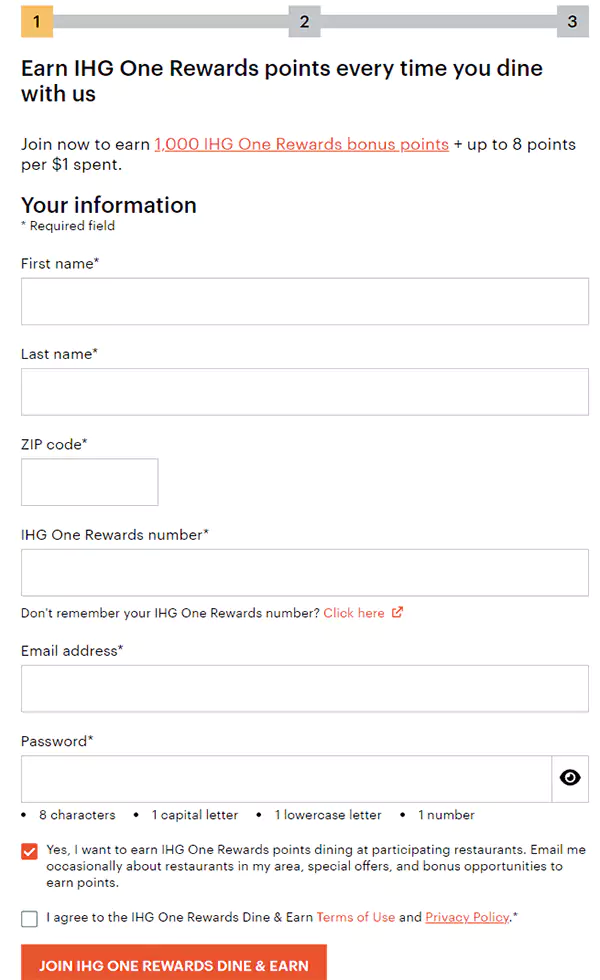 通过IHG Dine & Earn在餐厅就餐获得额外积分,注册会员 通过IHG Dine & Earn在餐厅就餐获得额外积分,注册会员