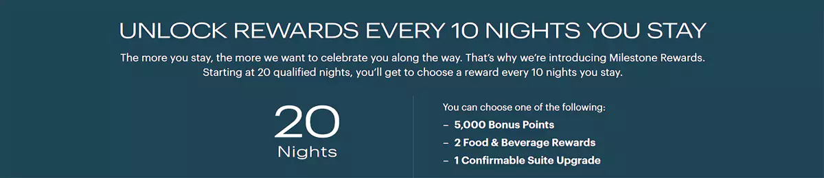 在每个日历年度,从第20晚开始,每入住10晚就可以选一次里程碑奖励(进阶奖赏) 在每个日历年度,从第20晚开始,每入住10晚就可以选一次 IHG 里程碑奖励(IHG 进阶奖赏)