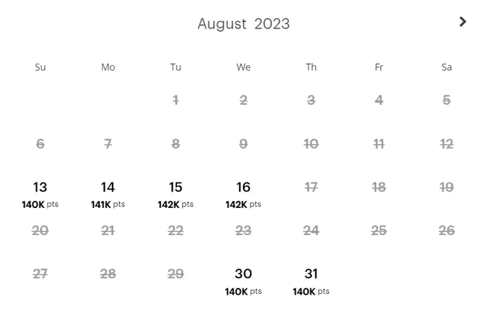 以日历形式显示查询 IHG 积分房结果 以日历形式显示查询 IHG 积分房结果