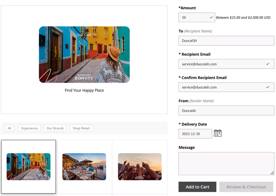 购买万豪礼品卡,填写购买数量等信息 购买万豪礼品卡,填写购买数量等信息