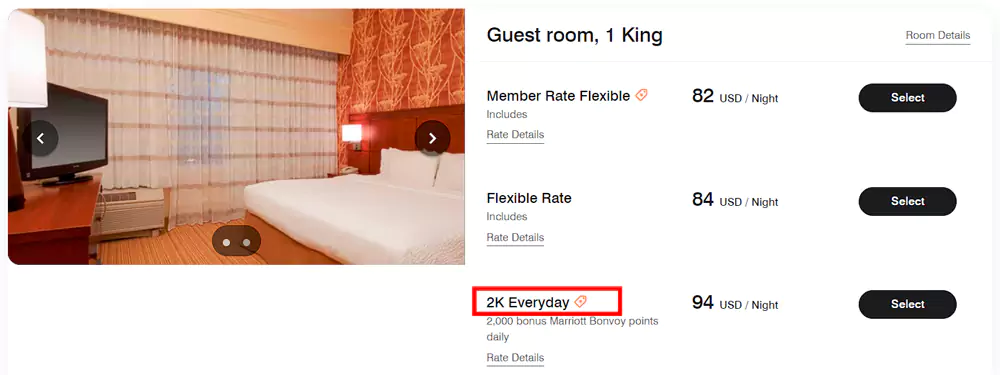 入住北美万怡酒店，每晚2000点，房价示例一