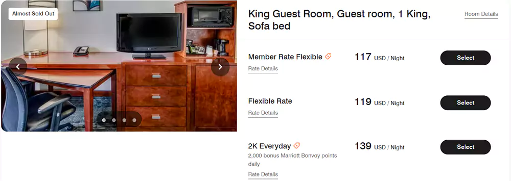 入住北美万怡酒店，每晚2000点，房价示例二