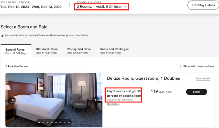 第二间房半价，房价示例