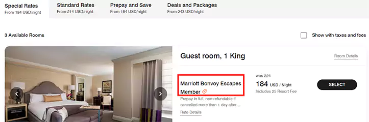 万豪 Escapes 价格举例