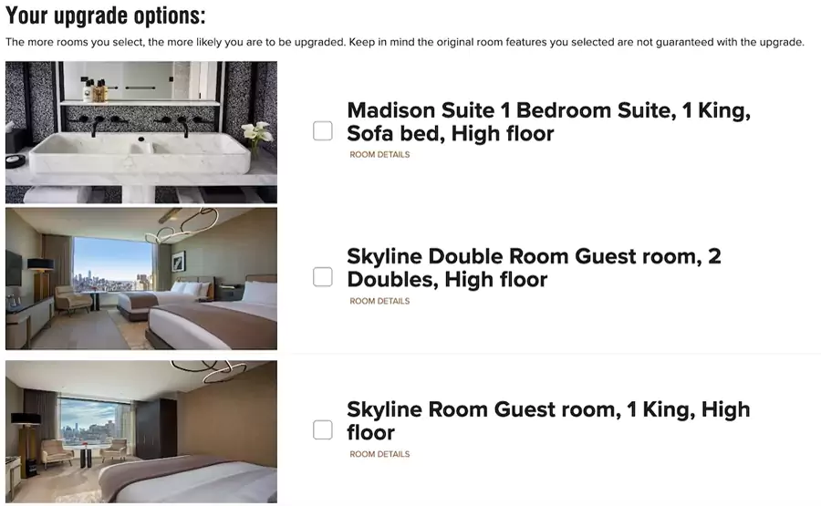 万豪每晚升级奖励 NUA 使用时，酒店提供的可供升级的选项