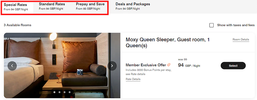 每次入住欧洲和英国的Moxy酒店获得3000积分，房价示例