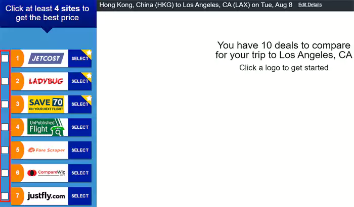 Airfarewatchdog选中参与比价的OTA