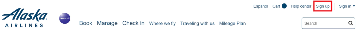 阿拉斯加航空官网的顶部,找到 “Sign up” 注册按钮 阿拉斯加航空官网的顶部,找到 “Sign up” 注册按钮