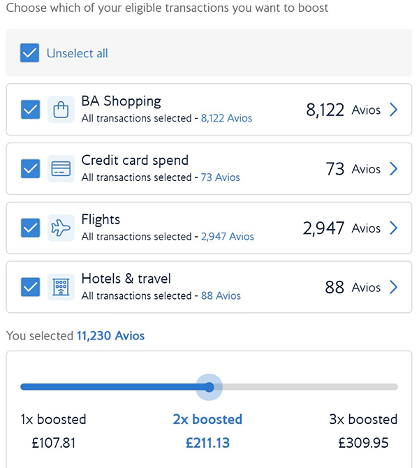 登录英国航空会员后，可以看到自己账户的概况，并选择加速倍数