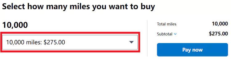 选择购买里程的数量，在没有促销活动时，阿拉斯加航空里程的售价为275美元/万点