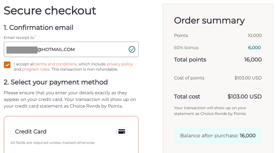 Choice 积分购买教学，填写支付信息