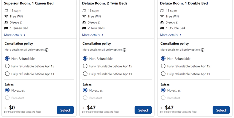 再选择酒店的房间,根据房型的不同,是否可取消,再会有一些加价 再选择酒店的房间,根据房型的不同,是否可取消,再会有一些加价