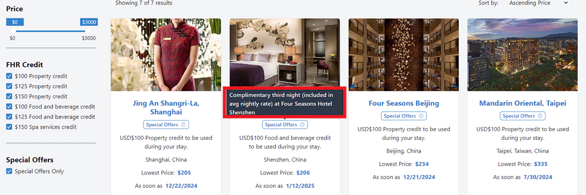 勾选了 Specail Offers 之后,显示的酒店就是当前有活动的酒店