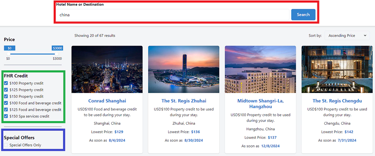 Max FHR 搜索“China”就会列出中国67家 FHR 可以预订的酒店 Max FHR 搜索“China”就会列出中国67家 FHR 可以预订的酒店