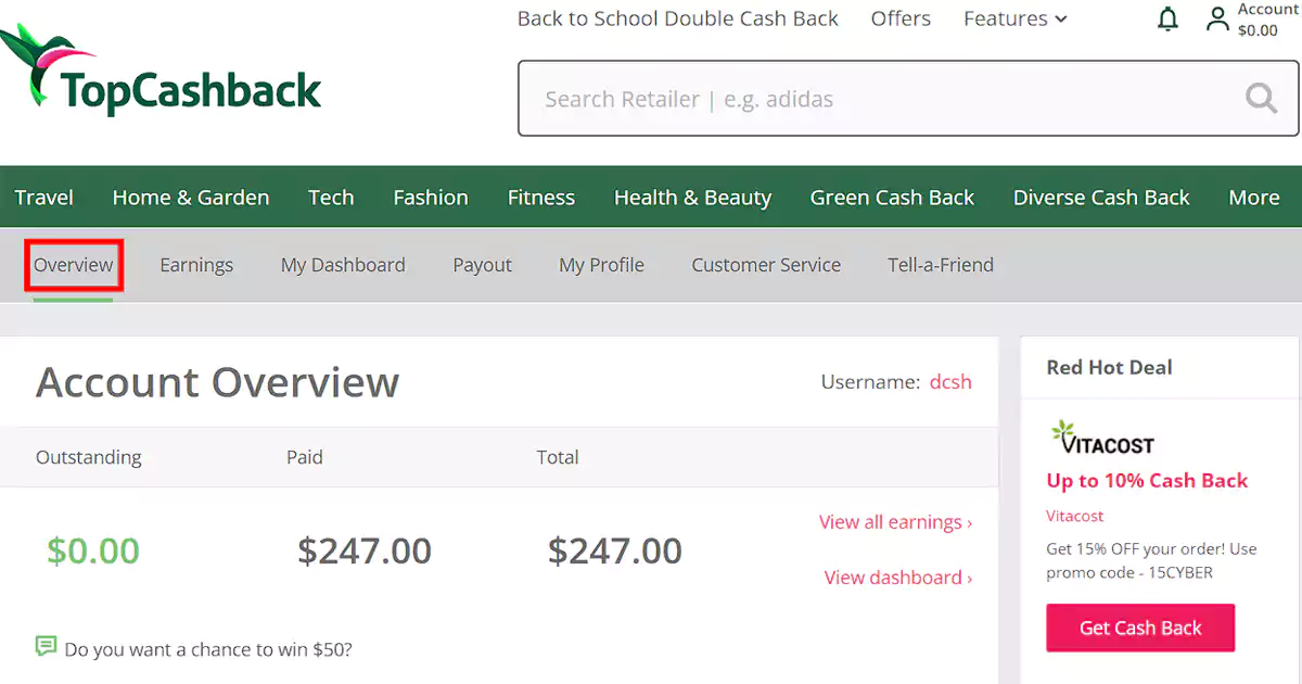 Top Cash back介绍，账户概况