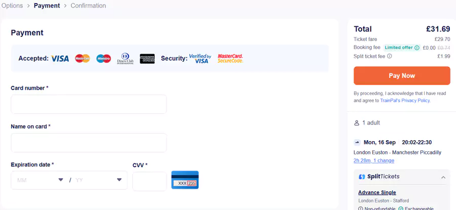 TrainPal 购买火车票，填写支付信息