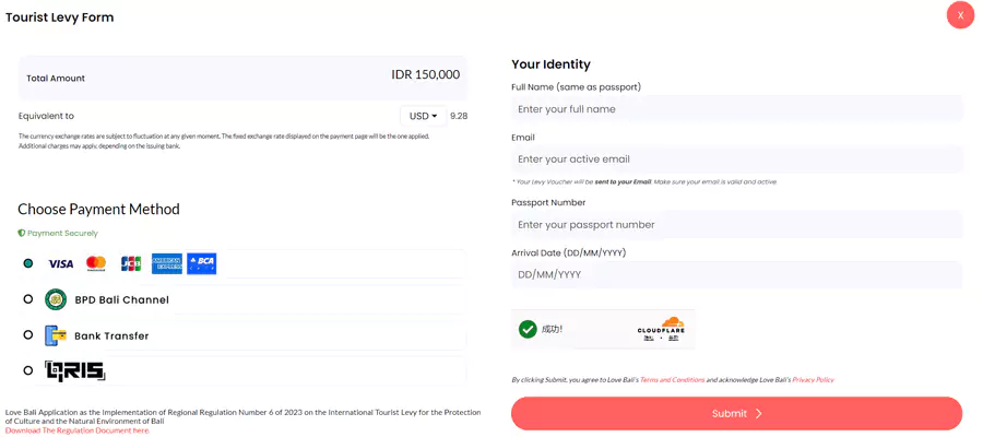 巴厘岛旅游税支付金额已经固定为15万印尼盾，可以用 Visa、Mastercard、JCB、运通等信用卡