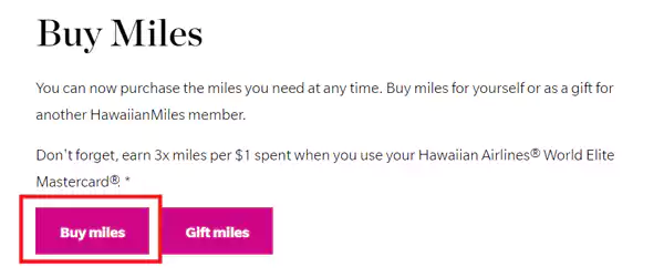 打开夏威夷航空里程购买链接,然后在页面中间找到“Buy Miles”按钮