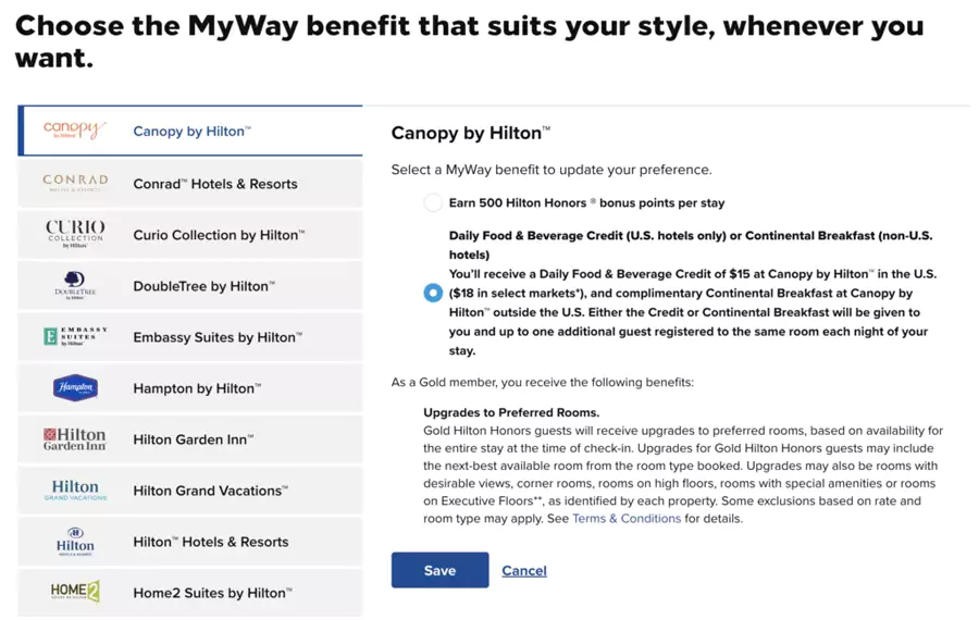 希尔顿荣誉客会迎宾礼遇“MyWay” 的选项