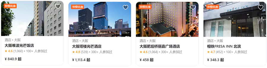 樱花季精选日本酒店8折，查询酒店时，标注有赏樱优惠的，就是折扣酒店。