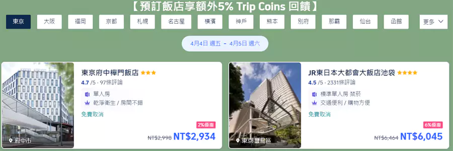 Trip.com日本旅游酒店额外折扣，以及 Trip Coins 额外回赠