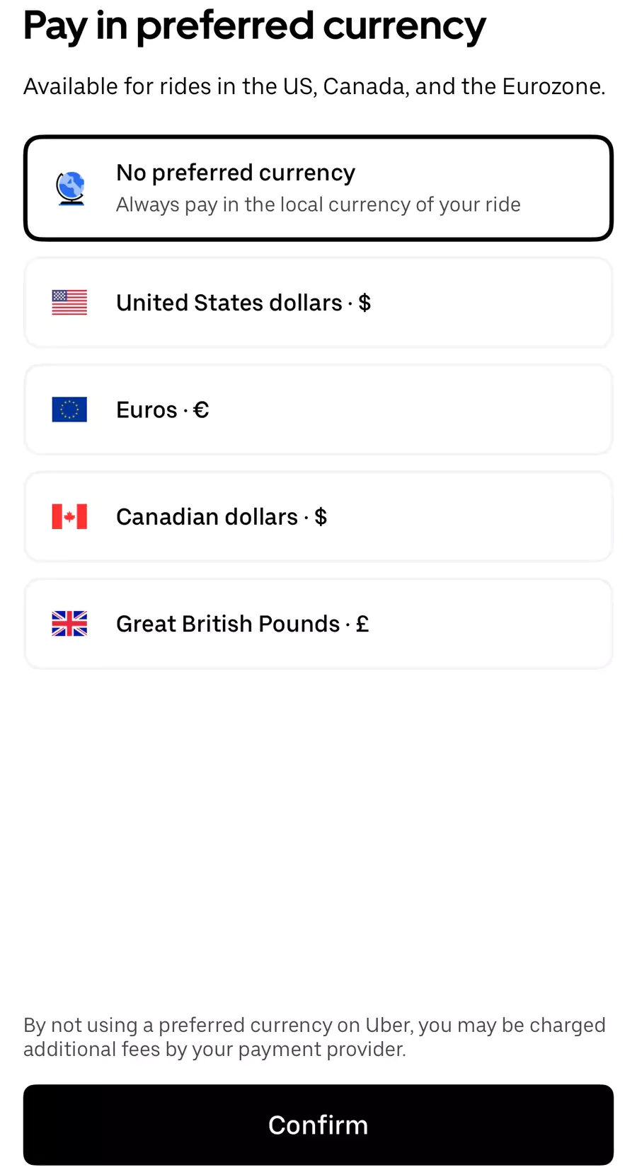 Uber 设置 No preferred currency 来避免被收取附加费 Uber 设置 No preferred currency 来避免被收取附加费