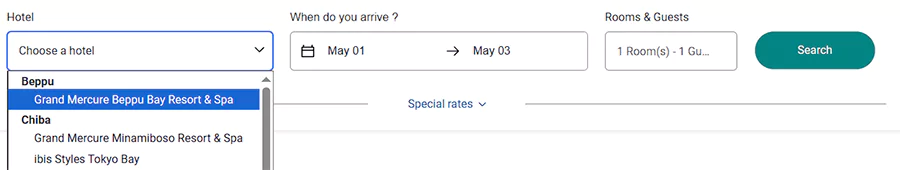 在活动页面预订,可以直接选取参与活动的酒店,也整合了优惠码 在活动页面预订,可以直接选取参与活动的酒店,也整合了优惠码