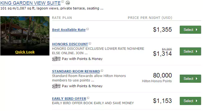 Bora Bora 康莱德每晚的现金价格及积分价格