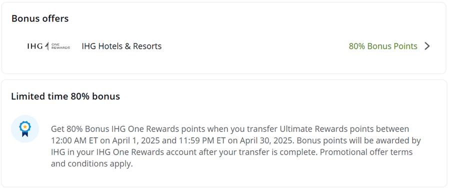 活动期间可以获得80%的加赠，也就是1000点Chase积分可以转换为1800点 IHG 积分。