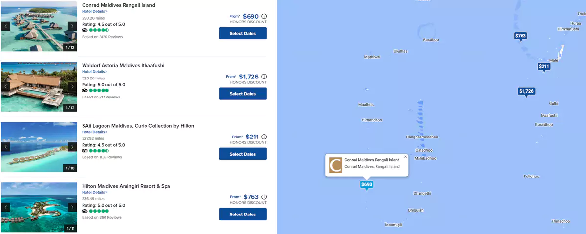 马尔代夫的希尔顿酒店分布及价格