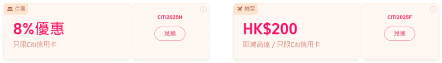 Trip.com x Citi 优惠码总计有2个，分别是机票HK$200优惠，酒店8%优惠