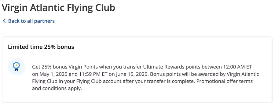 2025年5月将Chase积分转换为维珍里程可以获得 25% 加赠 2025年5月将Chase积分转换为维珍里程可以获得 25% 加赠