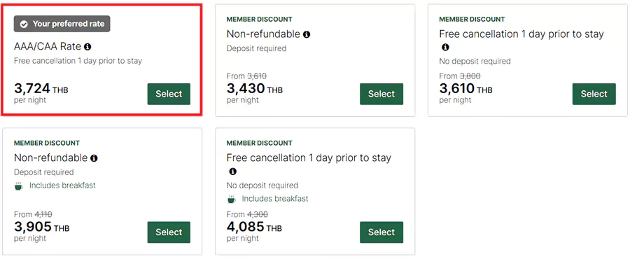 洲际IHG的AAA协议价，房价示例一