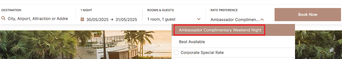 这个页面已经整合了优惠码,在房价偏好处已经填入了“洲际大使免费周末住宿”。
