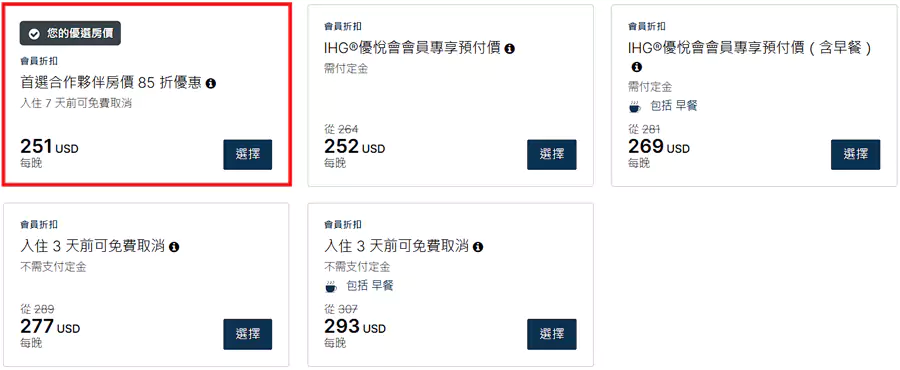 IHG 长荣航空房价：EVA会员预订周末住宿可享85折优惠，房价示例