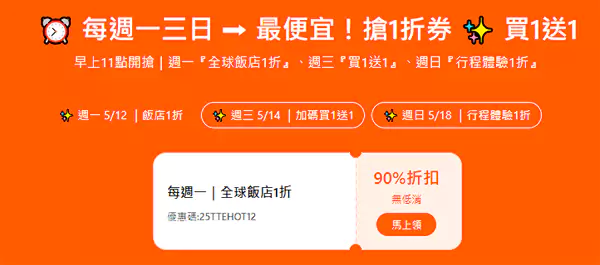 每周一、三、日上午11点，还有酒店、行程体验等优惠券可以抢领