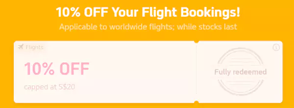 10%的机票优惠券，最高可抵20新币