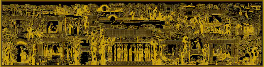 前台背后的《红楼梦》大理石贴金壁画 前台背后的《红楼梦》大理石贴金壁画