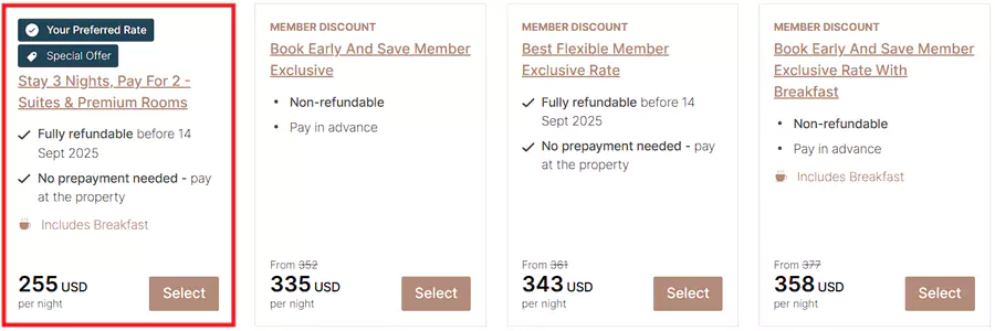 活动房价为255美元，而且直接写着住三付二的活动