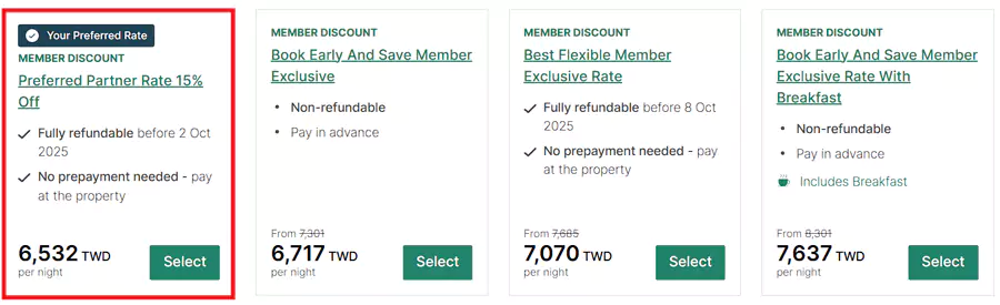 带有“Preferred Partner Rate 15% off”标签的即为活动房价 带有“Preferred Partner Rate 15% off”标签的即为活动房价