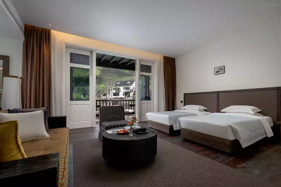 主楼阁楼豪华套房，居高临下能把整片茶园与山景尽收眼底