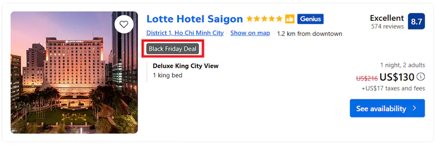 Booking 黑五优惠，带有“Black Friday Deal”标签的就是参与活动的酒店
