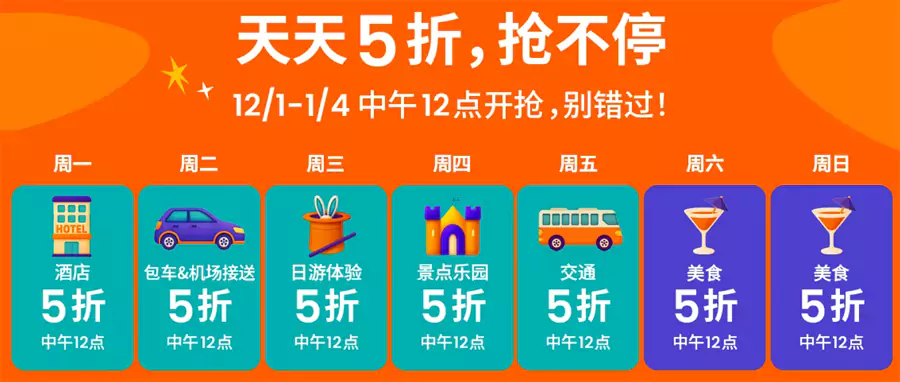 12 月 1 日至 1 月 4 日,每天中午12点可以抢各种 5 折优惠码 12 月 1 日至 1 月 4 日,每天中午12点可以抢各种 5 折优惠码