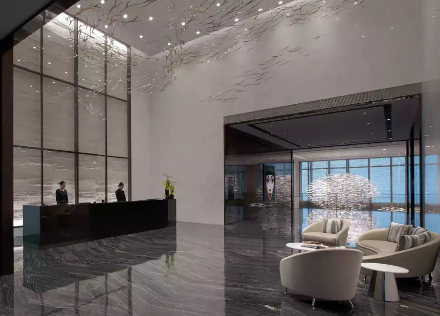 4 楼的迎宾大堂以大理石铺就,简洁开阔 4 楼的迎宾大堂以大理石铺就,简洁开阔