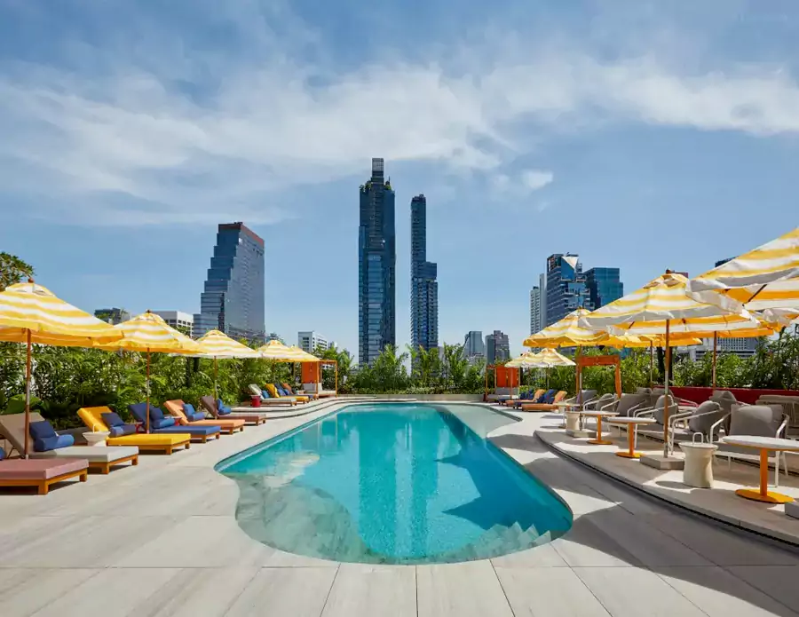 高空户外泳池被高大的棕榈树和热带植物环绕 高空户外泳池被高大的棕榈树和热带植物环绕