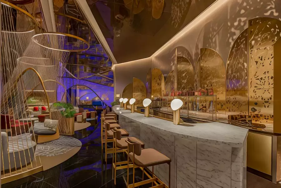 坐在悬挂着叶片羽毛装饰的吊灯下