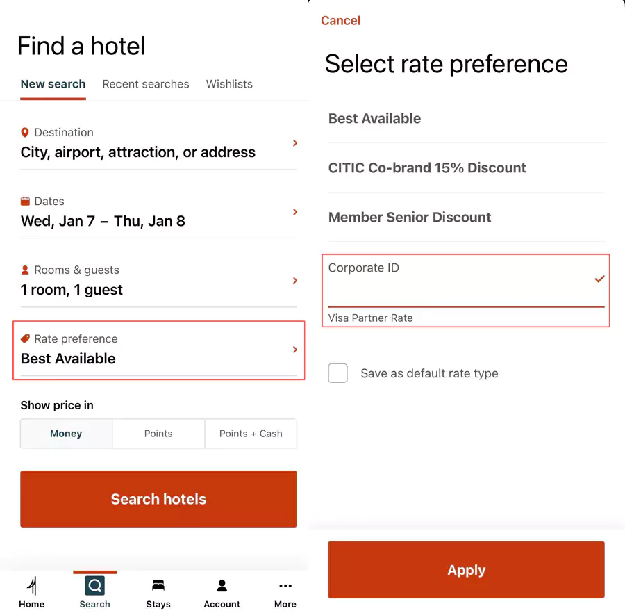 选择“房价偏好”/ “公司特惠价(企业 ID)”,输入“787060609” 选择“房价偏好”/ “公司特惠价(企业 ID)”,输入“787060609”